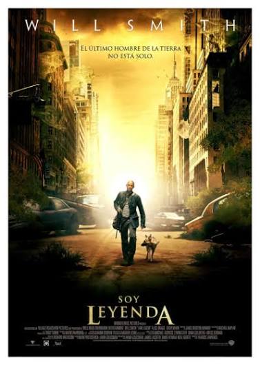 Ilustración original de Soy leyenda con una figura y un perro en una ciudad cubierta de vegetación